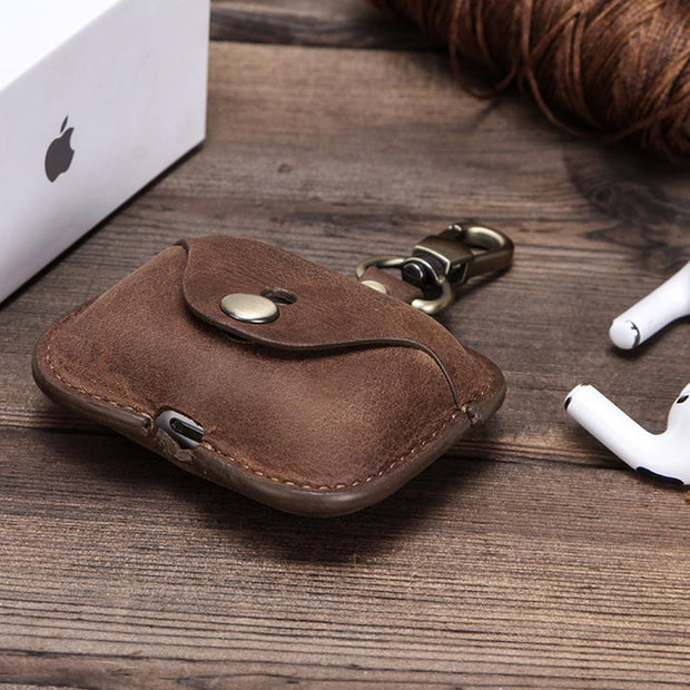 Vintage Genuine Leather Portable Shockproof Protective Cover for AirPods Pro with Keychain