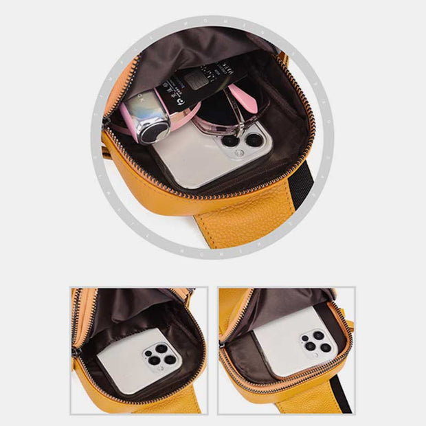 Double Zip Real Leather Sling Bag For Women Waterproof Crossbody Phone Bag