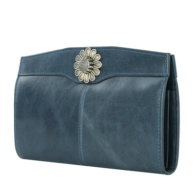 Vintage Women's Purse Genuine Leather RFID Flower Lock Long Wallet Clutch