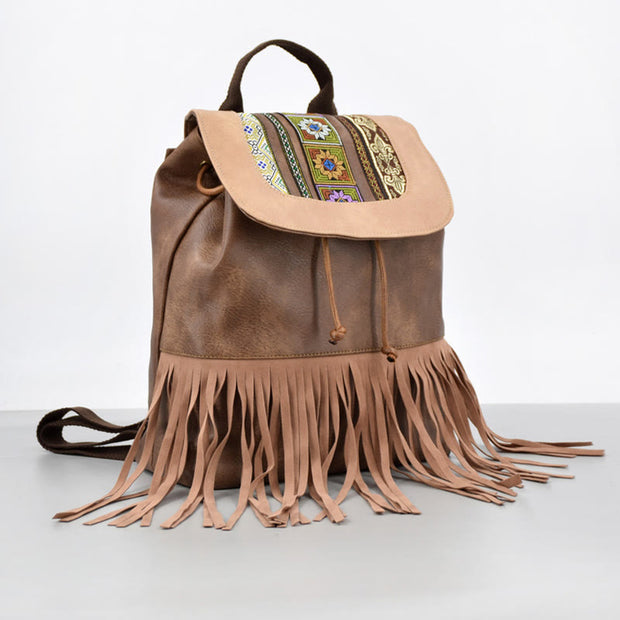 Vintage Tassel Backpack Women Bohemian Drawstring Leather Travel Purse