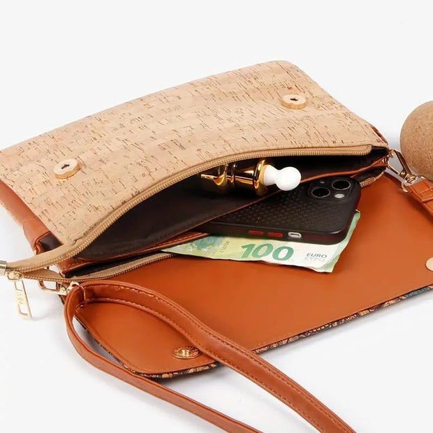 Floral Cork Bag For Women Double Compartment Clamshell Crossbody Bag