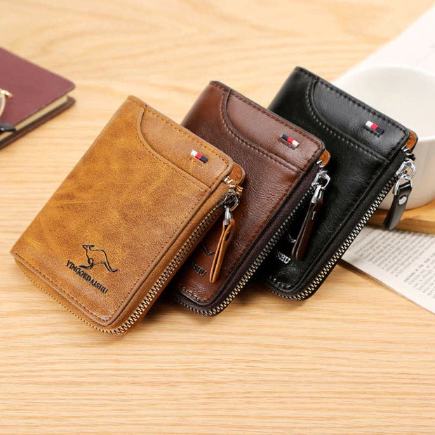 RFID Blocking Zip Around Short Bifold Leather Wallet for Men