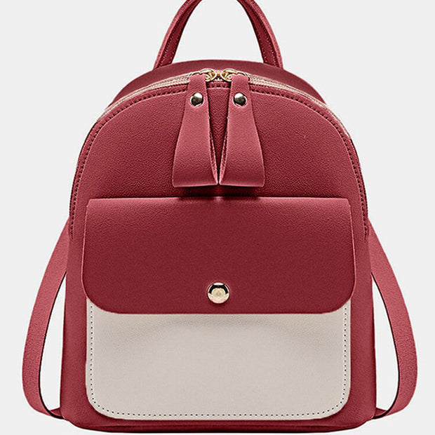 Women Functional Mini Backpack Faux Leather Casual Colorblock Shoulder Bag