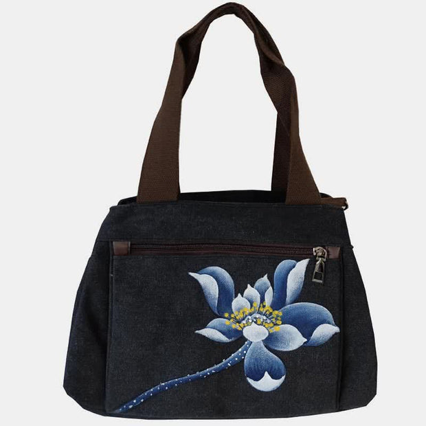 Triple Compartment Canvas Handbag Purse Floral Print Crossbody Shoulder Bag