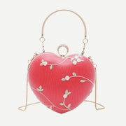 Floral Embroidered Handbag Heart Shaped Evening Bag Clutch with Gold Chain