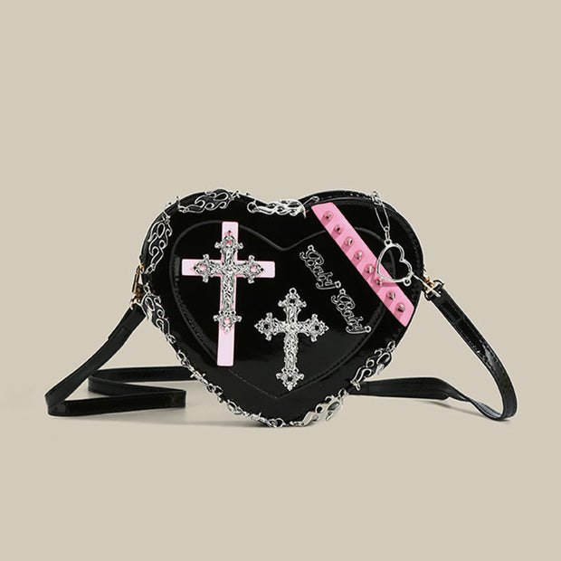 Gothic Heart Shape Purse Womens Cross Rivet Shoulder Bag