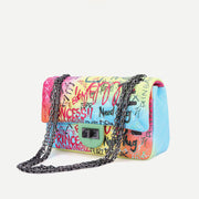 Graffiti Party Handbag for Women Quilted Shoulder Bag with Metal Chain Strap