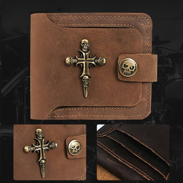 Gothic Skull Cross Leather Wallet Biker Punk Bifold Card Holder
