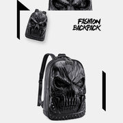 3D Skull Punk Rivet Leather Backpack Waterproof Embossed Ghost Head Knapsack