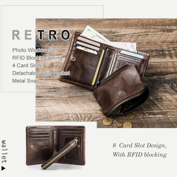 Mens RIFD Blocking Soft Leather Wallet with Detachable Coin Purse