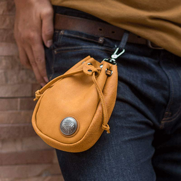 Retro Unisex Waist Pouch Fanny Pack Small Drawstring Leather Belt Pouch
