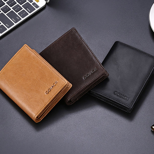 RFID Multi-Slot Large Capacity Genuine Leather Thir-Fold Short Wallet