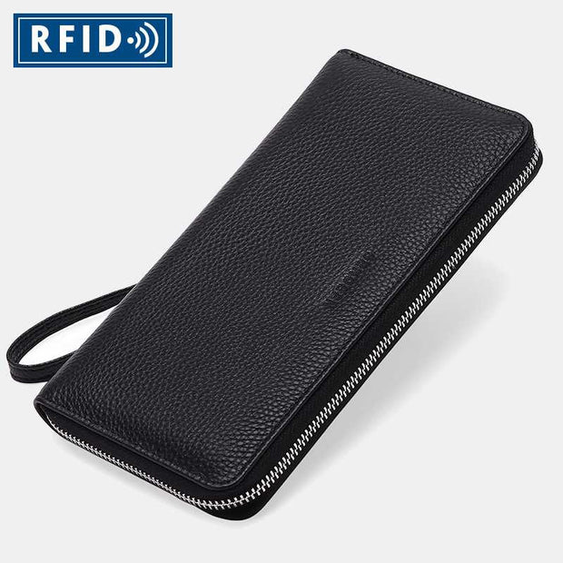 RFID Blocking Genuine Leather Zip Around Wallet Purse with Wrist Strap