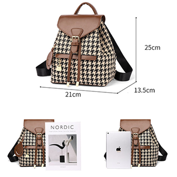 Women's Mini Backpack Purse Houndstooth Print Flap Daypack Leather Shoulder Bag