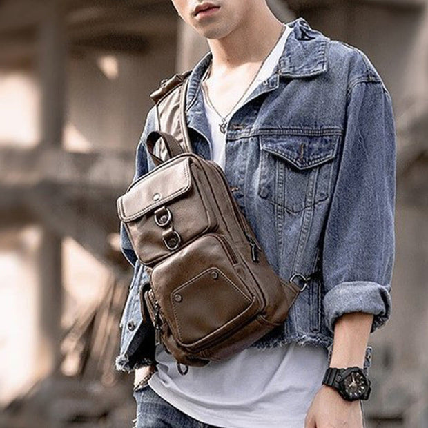 Retro Anti-theft Multi-Pocket Leather Sling Bag Roomy Daypack