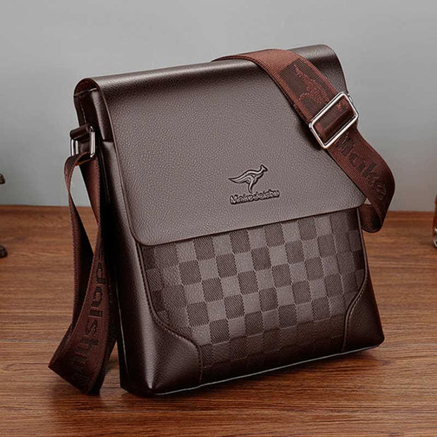 Men's Leather Plaid Small Messenger Bag Business Travel Carry Bag