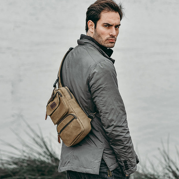 Men Canvas Sling Bag Multi-Pocket Scratch-Resistant Cross Body Bag