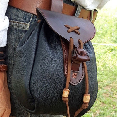 Retro Medieval Leather Waist Bag Drawstring Belt Pouch Holster EDC