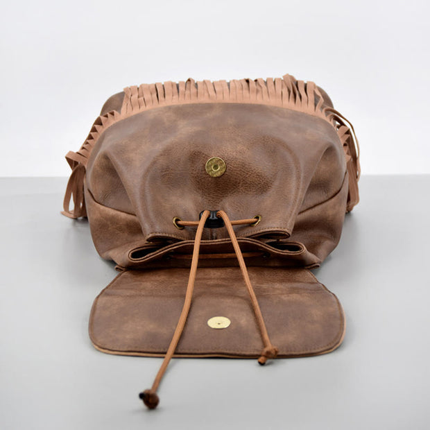 Vintage Tassel Backpack Women Bohemian Drawstring Leather Travel Purse