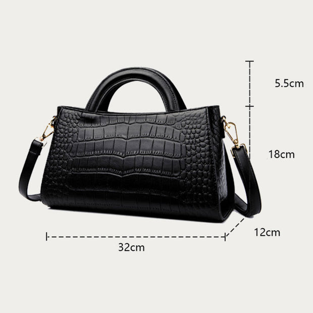 Faux Leather Crocodile Pattern Triple Compartment Top Handle Satchel Handbag
