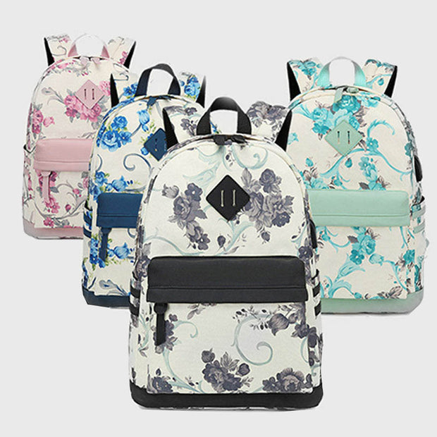 Large Capacity Multifunctional Soft Floral School Bag Backpack