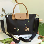 Classic Tote For Women Cute Embroideried Cat Nylon Crossbody Bag