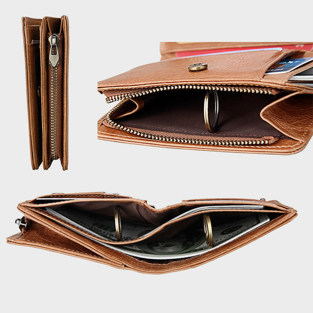 Wallet For Men Retro Genuine Leather Multi Pocket Money Clip