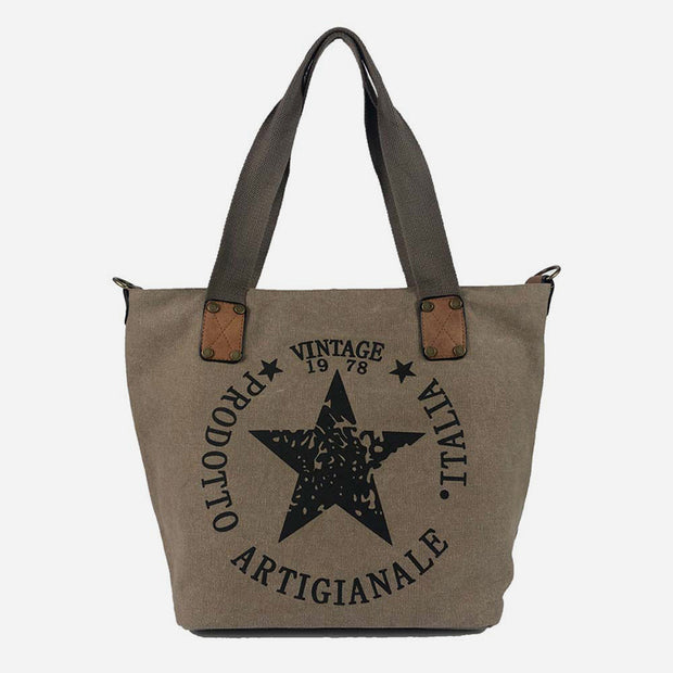 Canvas Shoulder Bag Five Pointed Star Print Handbag For Women