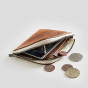 Retro Genuine Leather Coin Purse Slim Zip Change Pouch Wallet