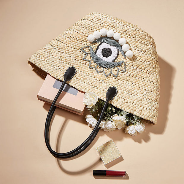 Handmade Evil Eye Straw Woven Handbags Summer Hobo Shoulder Bags Purse