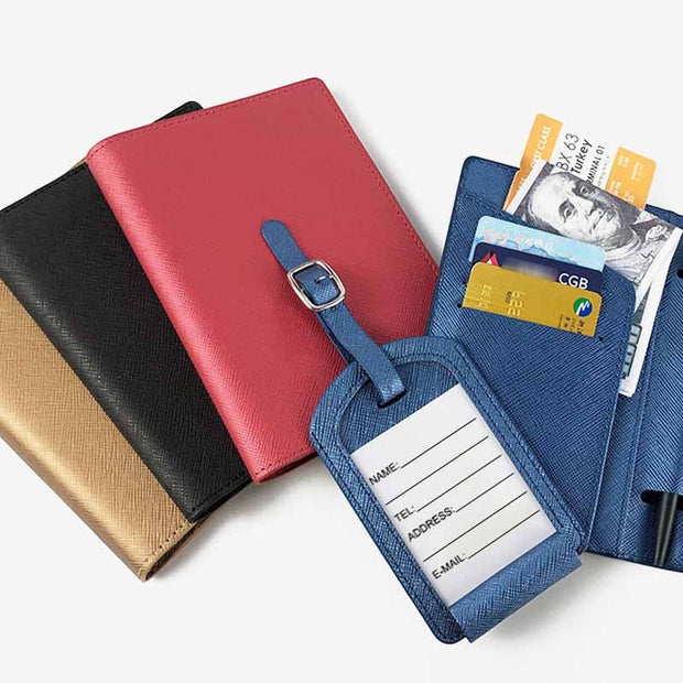 Passport Holder For Travel Cross Pattern Leather With Luggage Tag