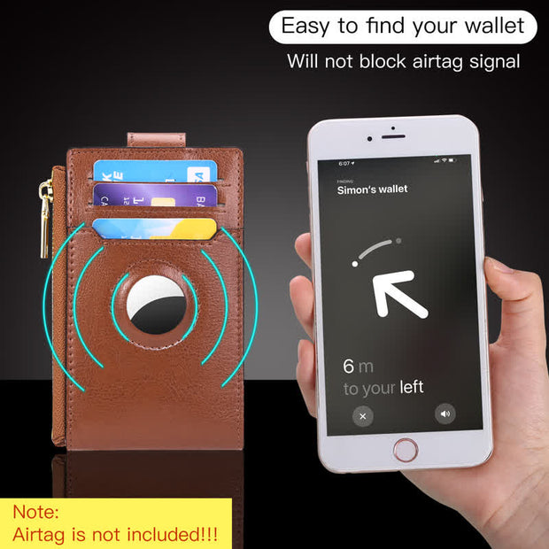 Genuine Leather Bifold Zip Airtag Wallet Apple Wallet RFID Blocking Card Holder