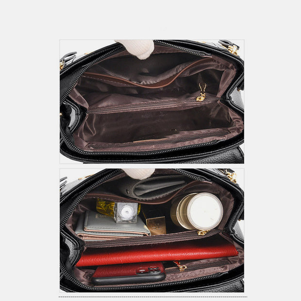 Double Compartment Top Handle Satchel Leather Crossbody Bag Purse Handbag