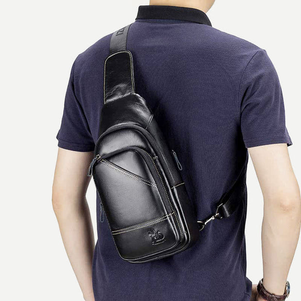 Cowhide Leather Waterproof Casual Sling Bag Daypack Shoulder Chest Bag