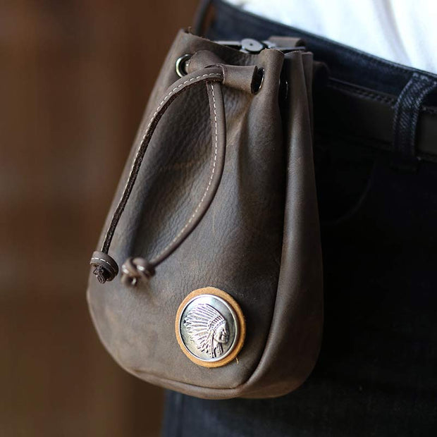 Retro Unisex Waist Pouch Small Drawstring Leather Belt Bag