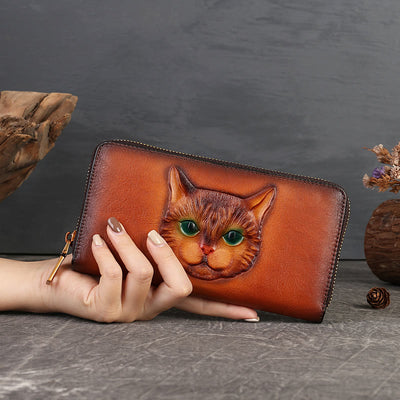 Real Leather Cat Wallet Embossed Multi Slot Clutch Purse