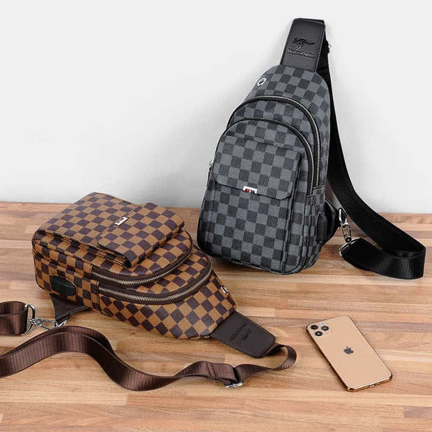 Multipurpose Casual Plaid Leather Sling Bag for Men Crossbody Shoulder Backpack