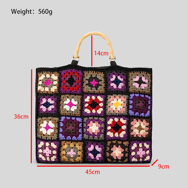 Knitted Floral Patchwork Tote Bamboo Handle Handbag