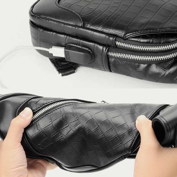 Crocodile Grain Leather Sling Backpack Shoulder Bag for Men Travel Daypack